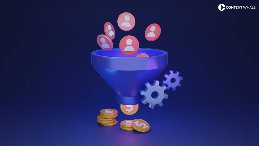Image of a marketing funnel with users going in the top and dollar coins falling from the bottom